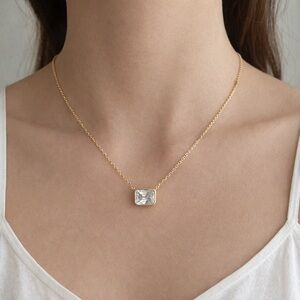 Isabella M Gold plated 925 Sterling Silver Necklace Rectangle CZ Clear Pendant